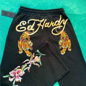 Ed Hardy Black Wide Leg Pants with Tiger and Floral Design